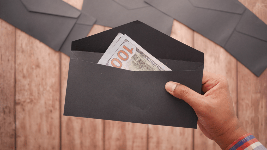 a black envelope with 100 dollars in it