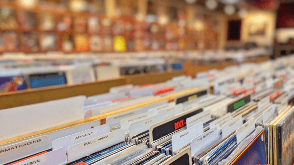 a row of vinyl records in a record store