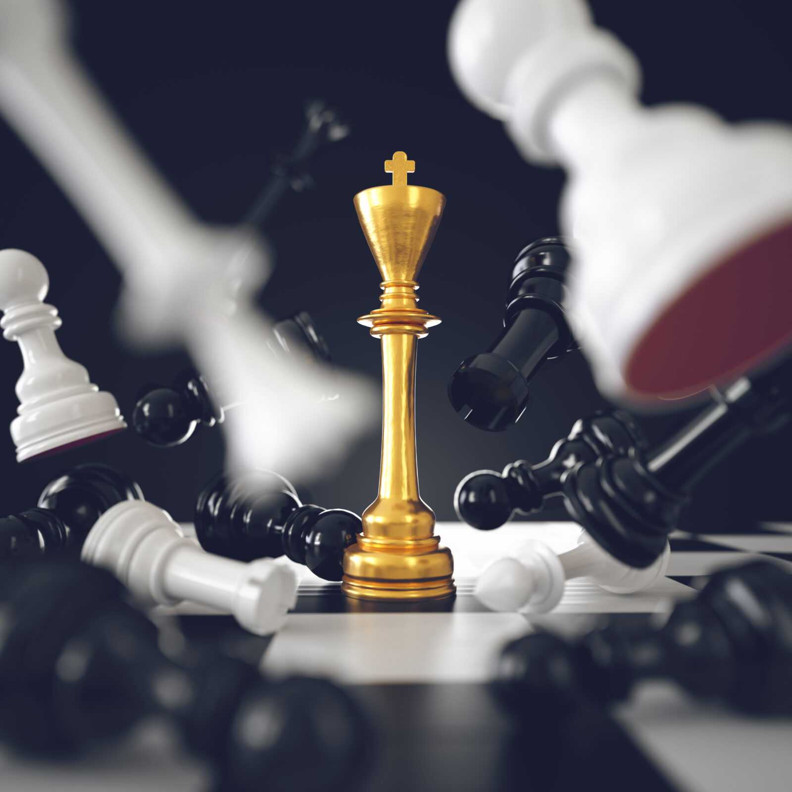 King chess piece standing among flying pawns on chessboard. Leadership concept. 3d rendering
